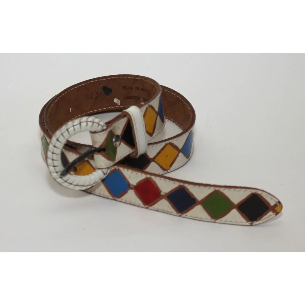 Colorful hand painted Leather Belt White - Color Diamonds - SIZE S/M - 34